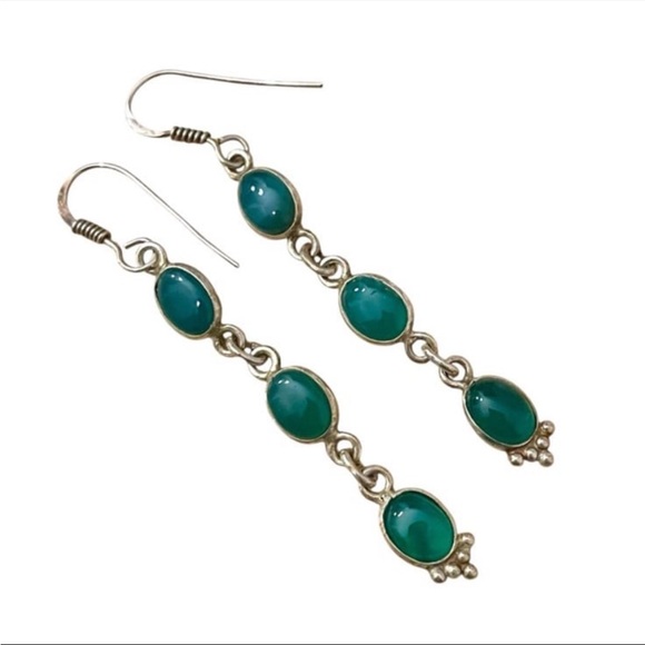 Green Onyx Sterling Silver Earrings 925 - Picture 2 of 2